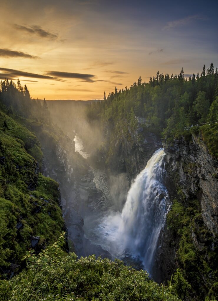 waterfall, sweden, water, nature, landscape, flow, forest, bach, fjäll, trees, rapids, bridge, deciduous forest, green, watercourse, rush, waters, idyll, water falls, waterfall, waterfall, waterfall, waterfall, waterfall, sweden, sweden, sweden, nature, forest