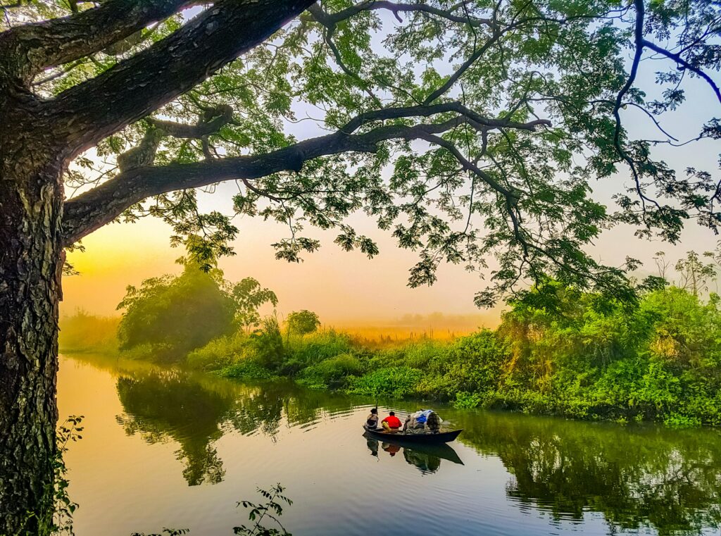 Peaceful boat ride during sunrise at Gazaria, capturing the lush landscape and tranquil river.